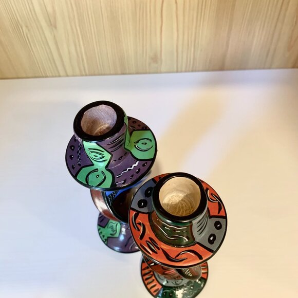 Set of 2 Hand Painted Carved Soapstone Taper Candle Holders - Picture 6 of 8